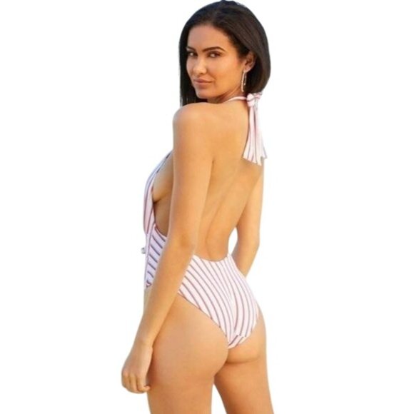 WeWoreWhat Lg One-piece Swimwear Brooklyn Open Back Deep V-neck Halter Swimsuit - Picture 3 of 13